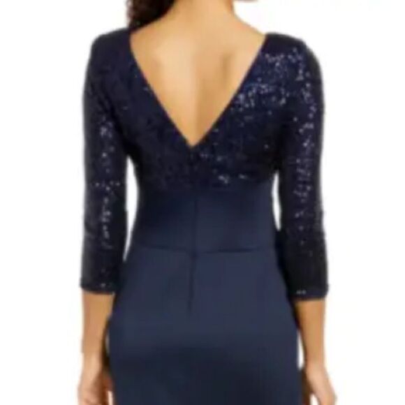 NWT ELIZA J Navy Sequin Bodice Stretch Knit Skirt Pleated Bow Detail Maxi Gown 8 - Picture 6 of 10